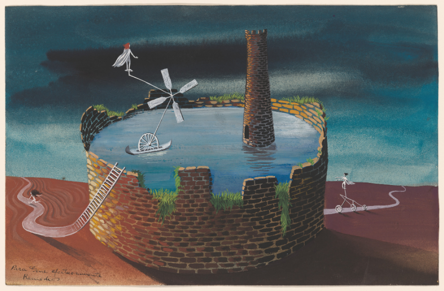 A cylinder of bricks encloses water and a tall brick tower. Green grass grows on the edges. A white pathway leads to the cylinder with 2 figures moving towards it on either side. On the water, floats a white wheel with a windmill. A white figure wearing a cape with red hair is perched on top of the windmill.