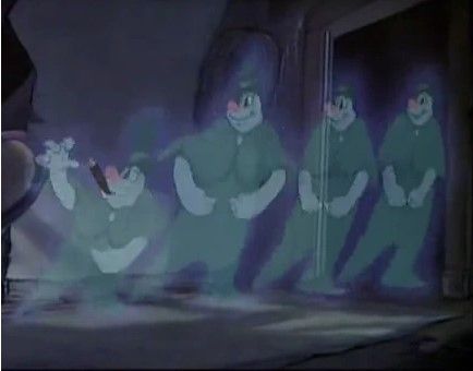 4 translucent green hued ghosts are side stepping through a doorway of a haunted house.